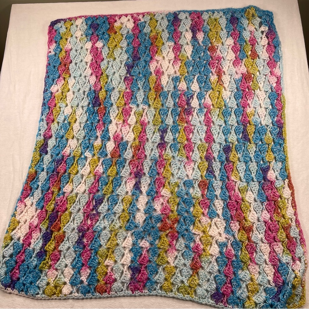 Handmade afghan Multicolor Crochet Baby Blanket - Blue Pink Green White